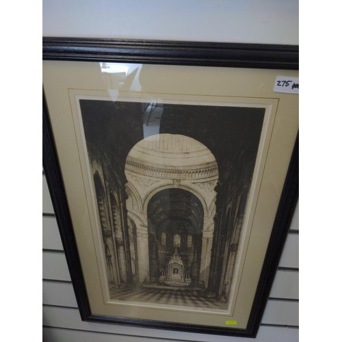 275 - Edward Sharland (1884-1967), two framed cathedral etchings: St. Paul's and Durham, both signed in pe... 