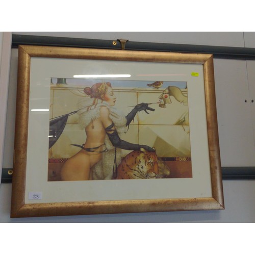 278 - Framed print of a lady with tiger, 66 x 54cm