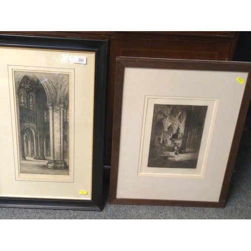 291 - Two framed etchings of cathedral interiors inc. Exeter Cathedral (possibly) by W. H Sweet, signed in... 