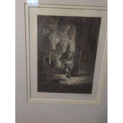 291 - Two framed etchings of cathedral interiors inc. Exeter Cathedral (possibly) by W. H Sweet, signed in... 