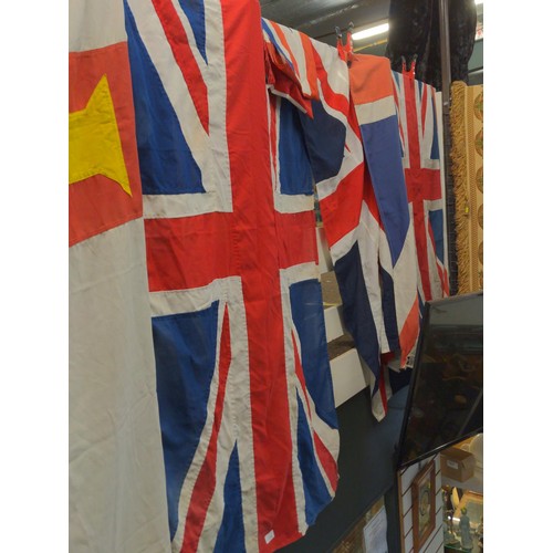 529 - Six various sized Union flags in mixed condition. Largest app, L190 W100 cm