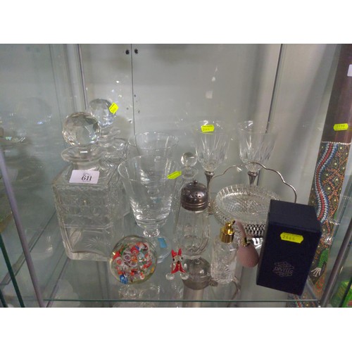 611 - Shelf of mixed glass ware inc, decanter, glasses, atomisers etc..,