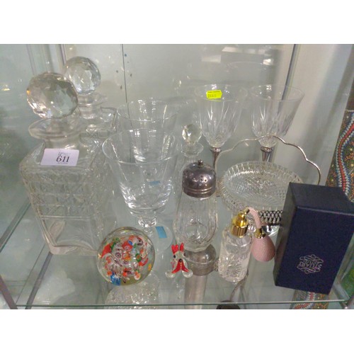 611 - Shelf of mixed glass ware inc, decanter, glasses, atomisers etc..,