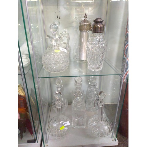 612 - Cut glass decanters, cocktail shaker etc.