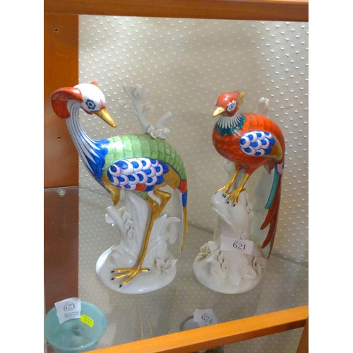 621 - Two hand painted tropical birds on branches with stamp to base, Italy porcelain.