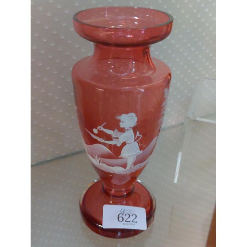 622 - Mary Gregory style cranberry glass vase with white enamel decoration, height 19cm