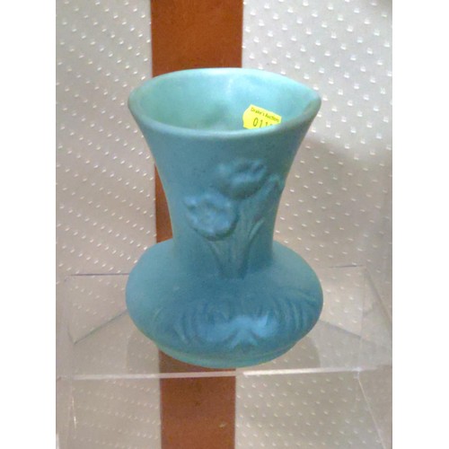 623 - Van Briggle art pottery vase in aqua matt glaze decorated in relief with tulips, height 13cm, signed... 