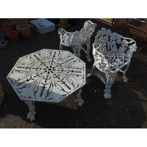 67 - Low hexagonal Aluminium garden table D74 x H36cm plus two matching chairs  52 x 46 x 65cm