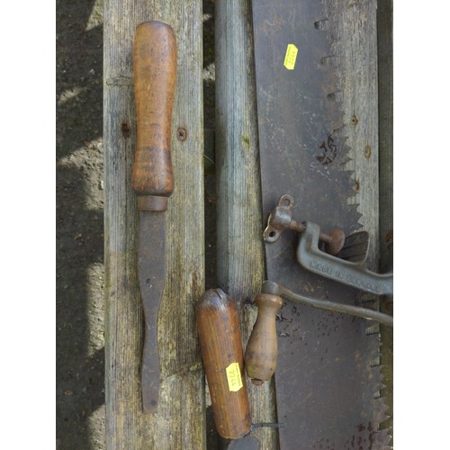 91 - Collection of vintage tools Inc large saw, Chisels Etc.. 