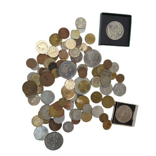 738 - Tub of mixed coins, including some commemorative, gross weight including tub 2.4kg