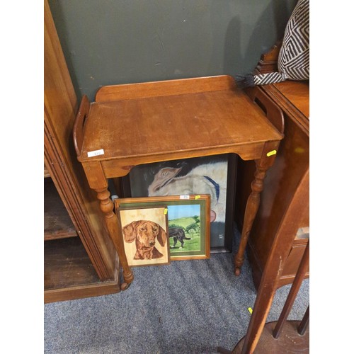 327 - Pine and ply tray table, raised on castors. W53.5cm D38cm H68cm (to table top)