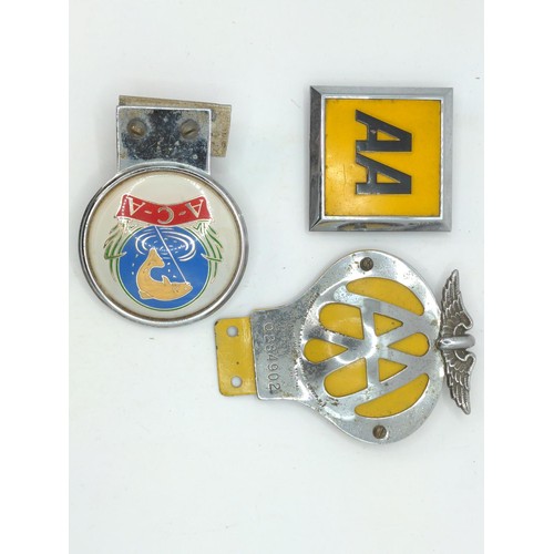 719 - Three car badges, including A.C.A. (Angler's Conservation  Association), AA numbered 0284902 and ano... 