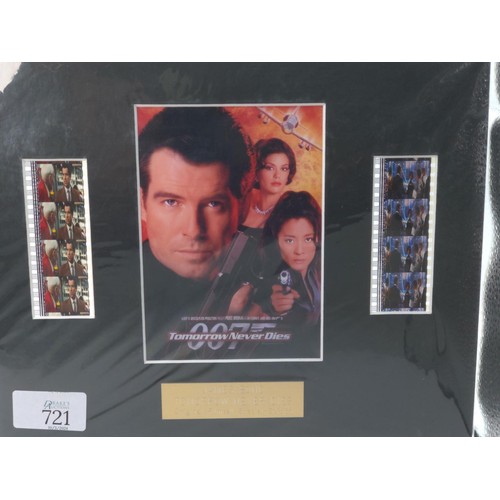 721 - James Bond, two mounted film cell presentation boards. Goldfinger & Tomorrow Never Dies.