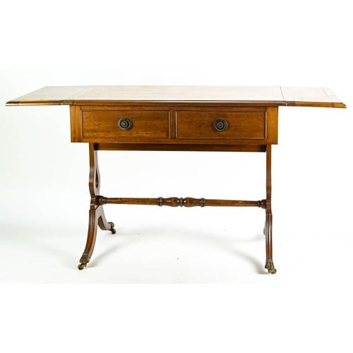 367 - Reproduction two leaf mahogany two drawer side table. W140 D55 H73cm