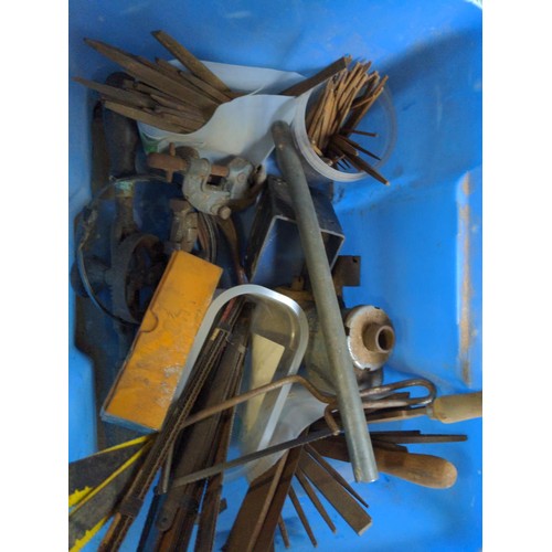 174 - Blue box of vintage hand tools: saws, files etc..