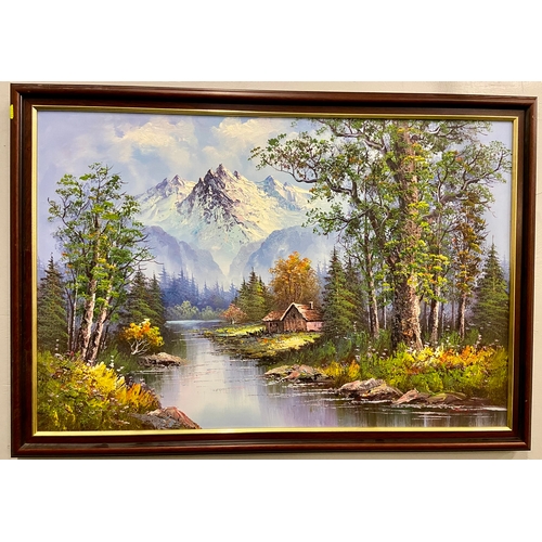 754 - Original oil on canvas, river and woodland scene. Signed in red bottom right, illegible. W100 H70cm