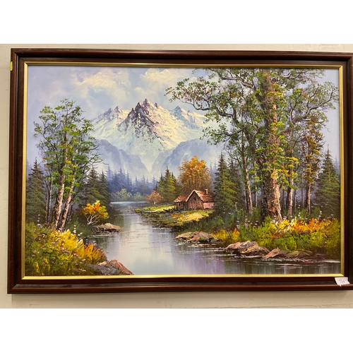 754 - Original oil on canvas, river and woodland scene. Signed in red bottom right, illegible. W100 H70cm