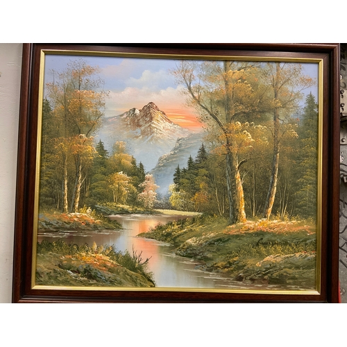 755 - Oil on canvas of mountain and river scene. W70 H59cm