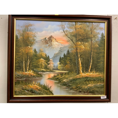 755 - Oil on canvas of mountain and river scene. W70 H59cm