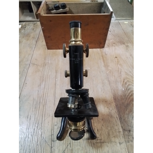 192A - W Watson and sons Ltd of London 60145, Microscope with original wooden case and accessories inside c... 