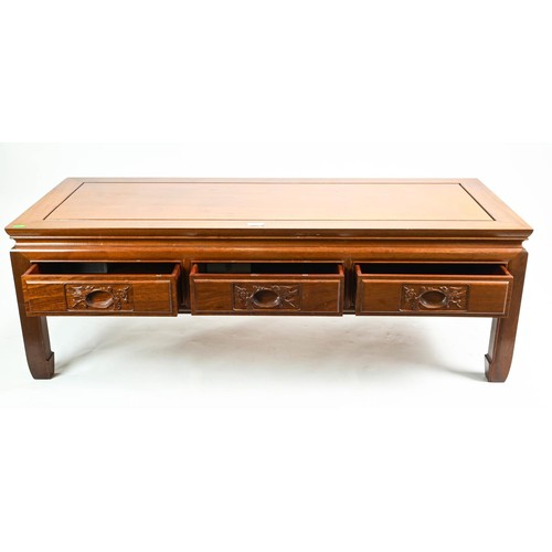 101 - Mahogany coffee table with three drawers L122 x D50 x H41cm