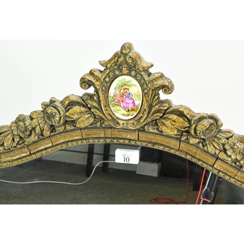 10 - Continental style gilt framed mirror with central porcelain cartouche W96 x H74cm