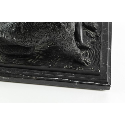 57 - Bronze dog protecting child on a marble base, W25 x D16 x H13. Together with two bronzed resin child... 