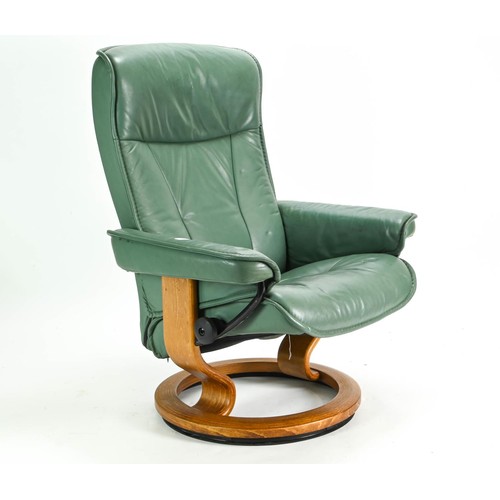 78 - Ekornes stressless reclining chair in green height of 99cm approx. plus a brown foot stool