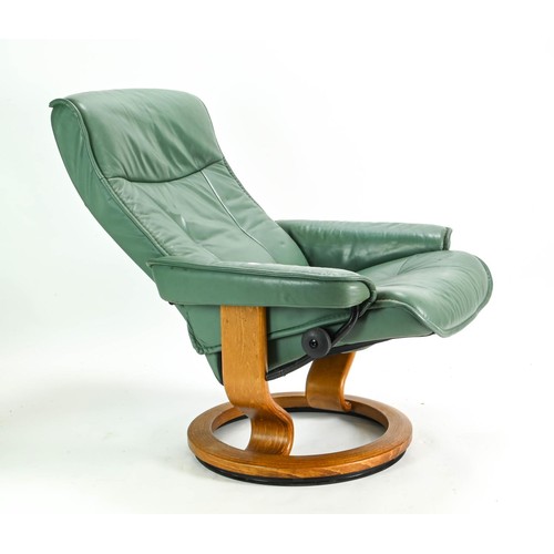 78 - Ekornes stressless reclining chair in green height of 99cm approx. plus a brown foot stool