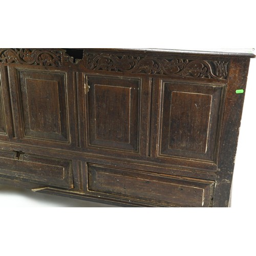 7 - Oak coffer (heavily damaged). W133 x D50 x 80