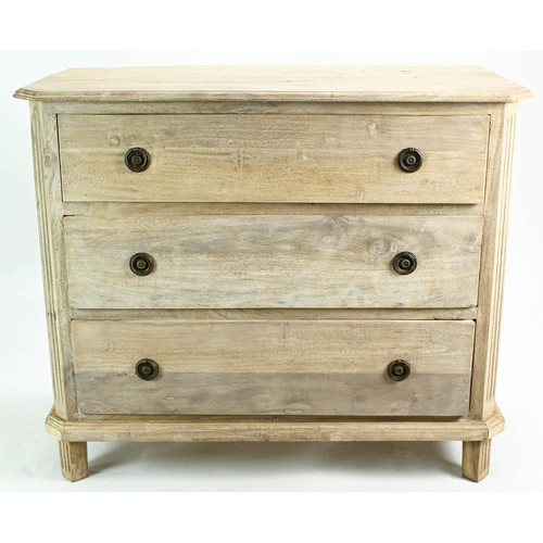 84 - Bleached hardwood chest of three drawers, drawers currently too stiff to open, W101 x D52 x H34cm