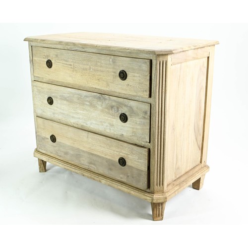 84 - Bleached hardwood chest of three drawers, drawers currently too stiff to open, W101 x D52 x H34cm