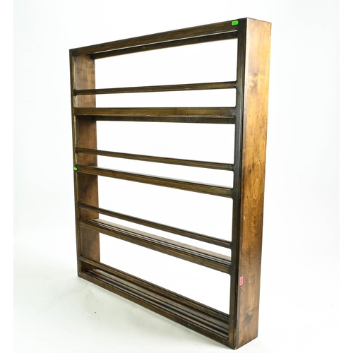 94 - Open backed plate rack shelf unit with front rails W109 x D15 x H122cm