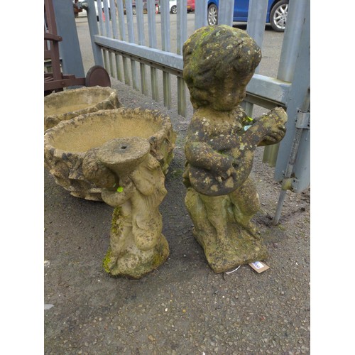 1000 - 2 x concrete garden ornaments inc musical cherub 'Tallest 58cm'