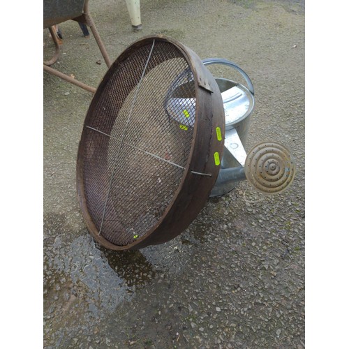 1042 - Galvanised Water can + large round sifter