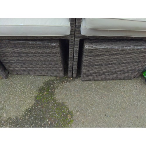 1124 - pair of garden rattan arm chairs with 2 x foot stool and cushions by pacific outdoor 