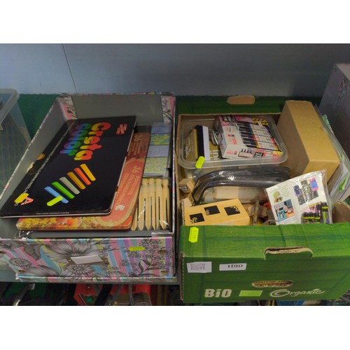 1190 - Two boxes of craft items Inc, block stamps, chalks, pastels, pens etc...