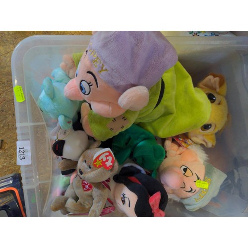 1213 - Disney soft toys and ty bears in plastic tub.