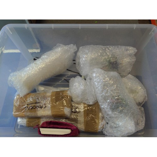 1218 - Box of different items inc. large resin wolf, Cherub, sunglasses, candles etc.