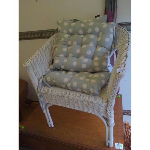 1330 - White wicker chair with 3 x habitat cushions 