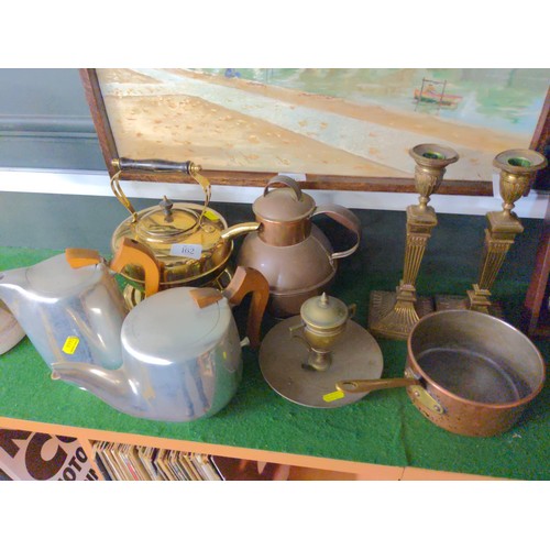 162 - Pair of solid brass candle sticks, plus copper pan, Picquot ware etc.