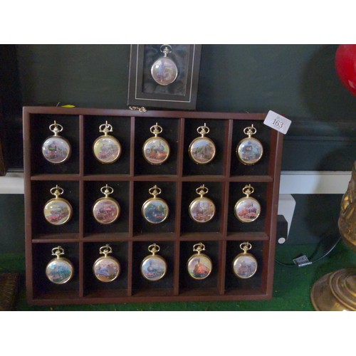 163 - Framed glory of steam pocket watches 16 in total