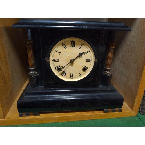 192 - Two wooden mantel clocks, one in slate style inc. French