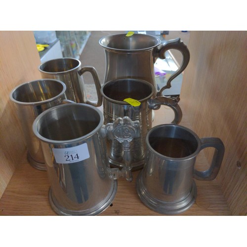 214 - Six tankards inc, pewter. H16.5 cm is tallest