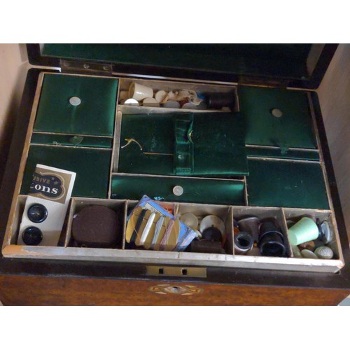 216 - Vintage hardwood sewing box inc, and quality contents from same era, two tier and inlaid lid. W30 D2... 