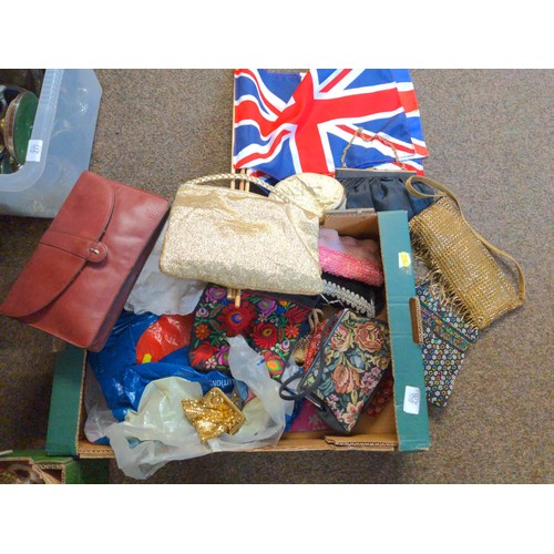 276 - Box of mixed handbags, flags and material. Inc, Elgee leather clutch bag etc..