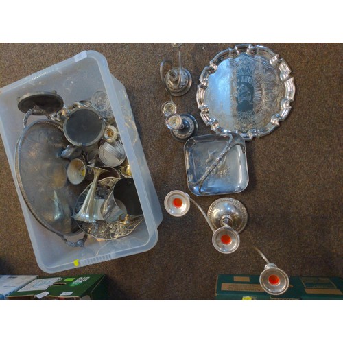 277 - Tray of assorted silver plate inc, tray, candle sticks etc....