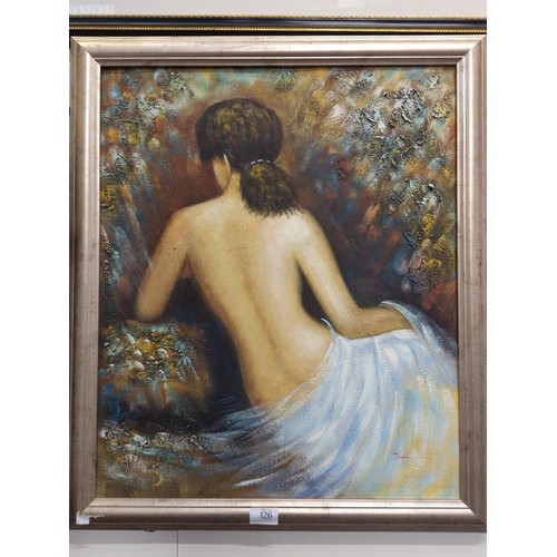 126 - Oil on canvas of a seated nude. Signed but illegible. 59 cm x 69cm