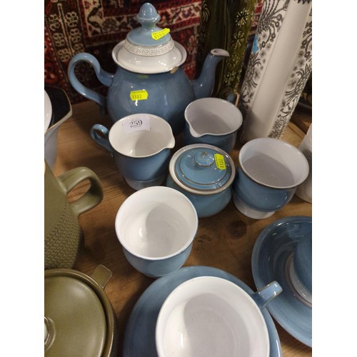 259 - Modern Deby tea ware, tea pot, milk jugs, goblets, cups and saucers.