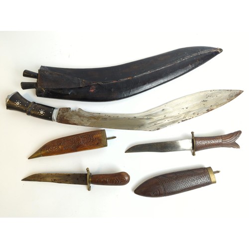 350 - Kukri with sheath and two skinning knives, together with two wood sheathed knives